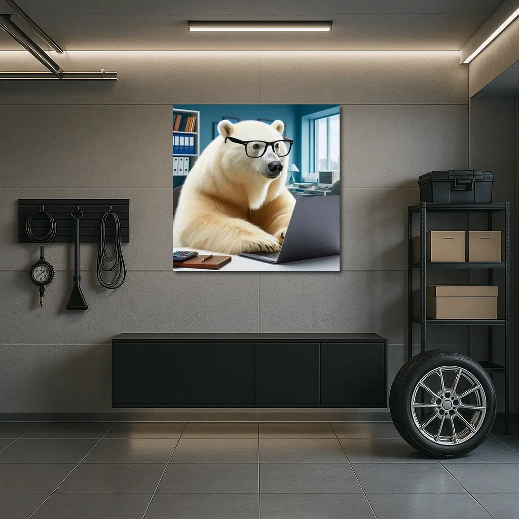 Polar Bear With Glasses Working Office Laptop – Wall Art