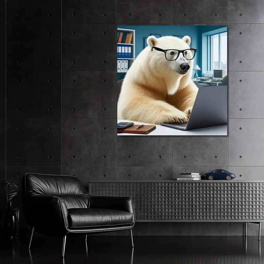 Polar Bear With Glasses Working Office Laptop – Wall Art