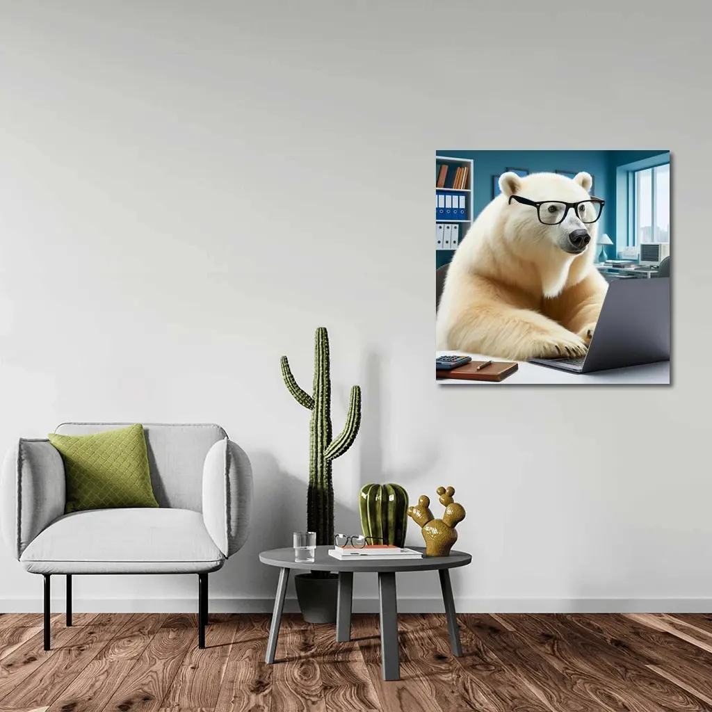 Polar Bear With Glasses Working Office Laptop – Wall Art