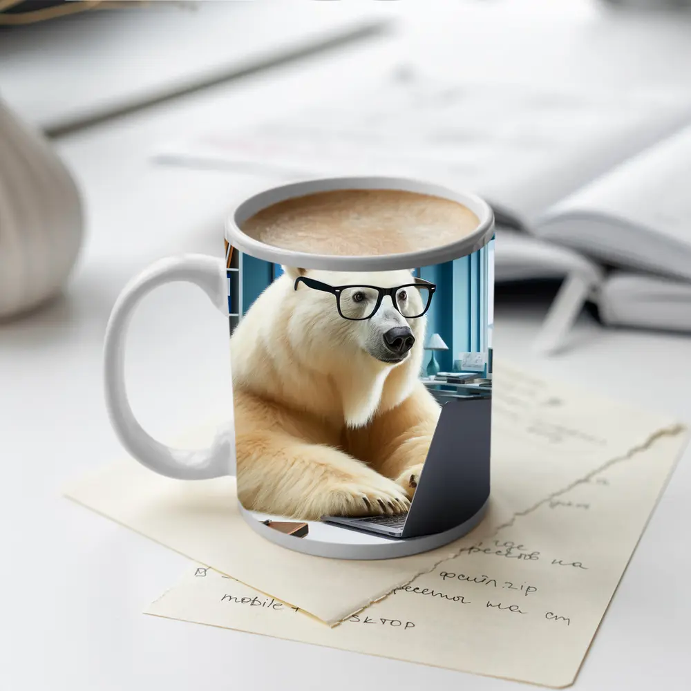Polar Bear With Glasses Working Office Laptop – Mugs