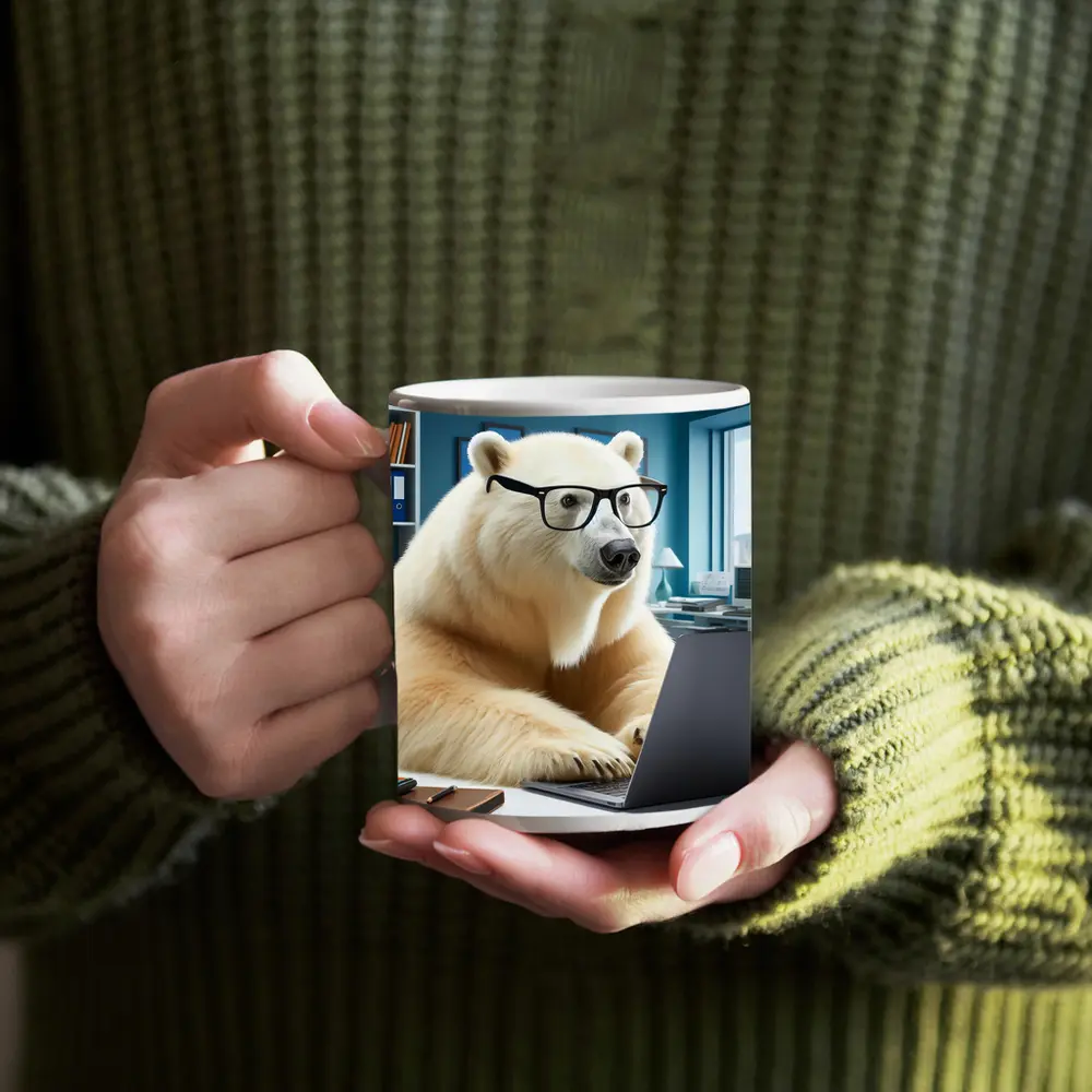Polar Bear With Glasses Working Office Laptop – Mugs