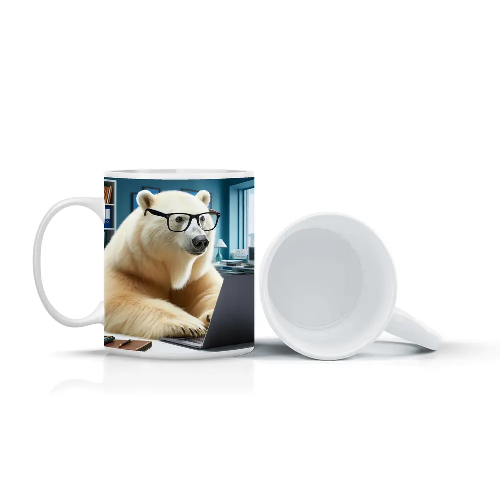 Polar Bear With Glasses Working Office Laptop – Mugs