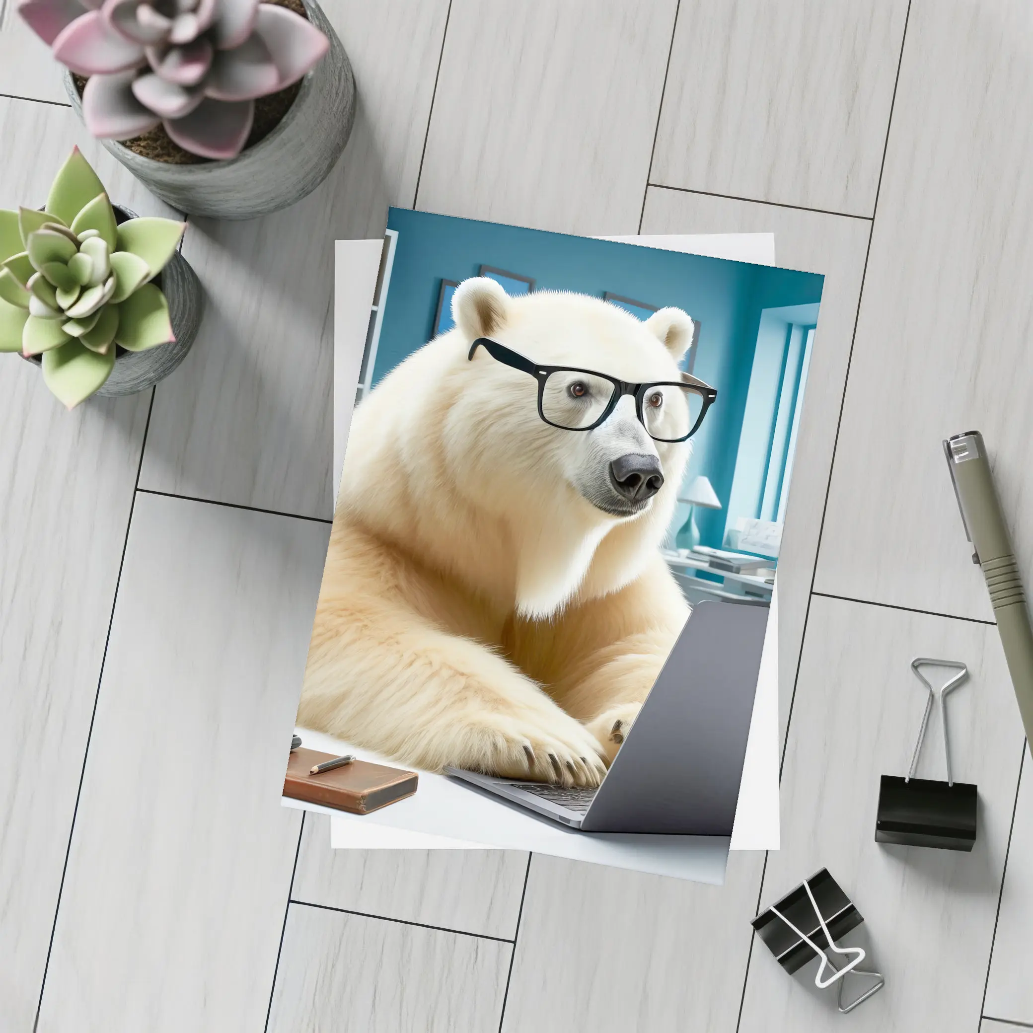 Polar Bear With Glasses Working Office Laptop – Postcards