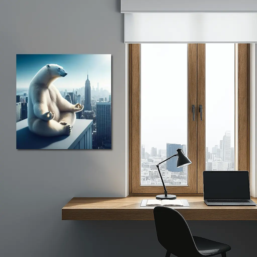 Polar Bear Meditating Over City Skyline – Wall Art