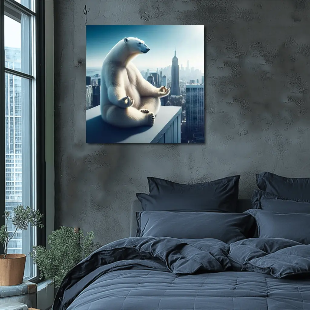 Polar Bear Meditating Over City Skyline – Wall Art