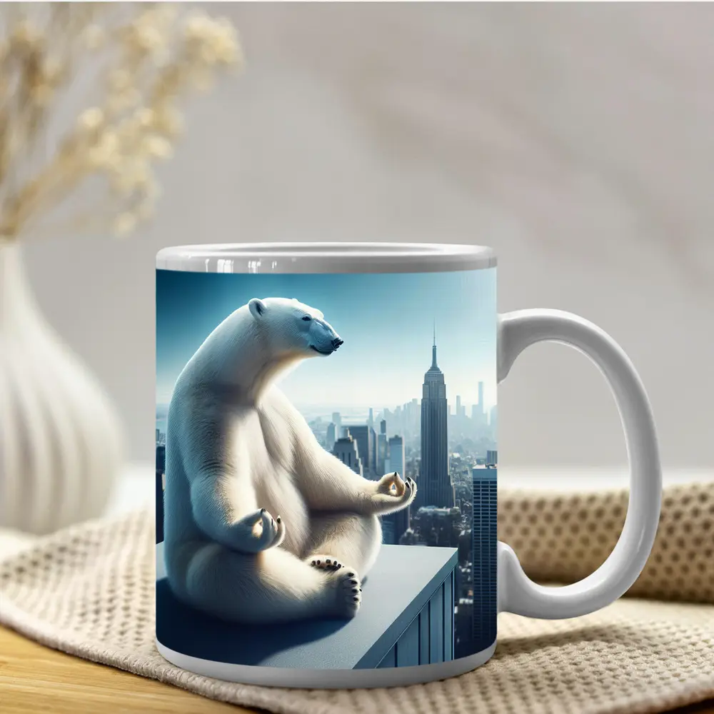 Polar Bear Meditating Over City Skyline – Mugs