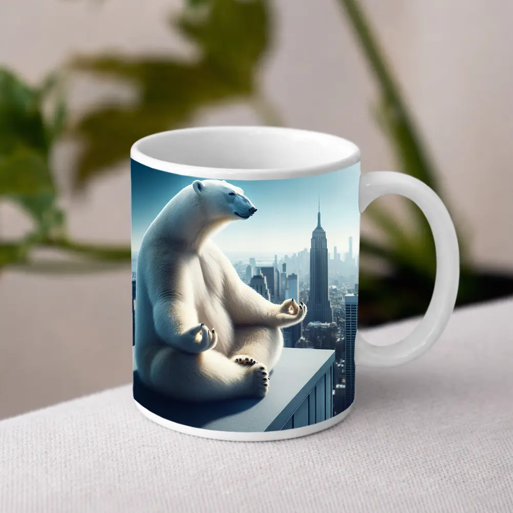 Polar Bear Meditating Over City Skyline – Mugs
