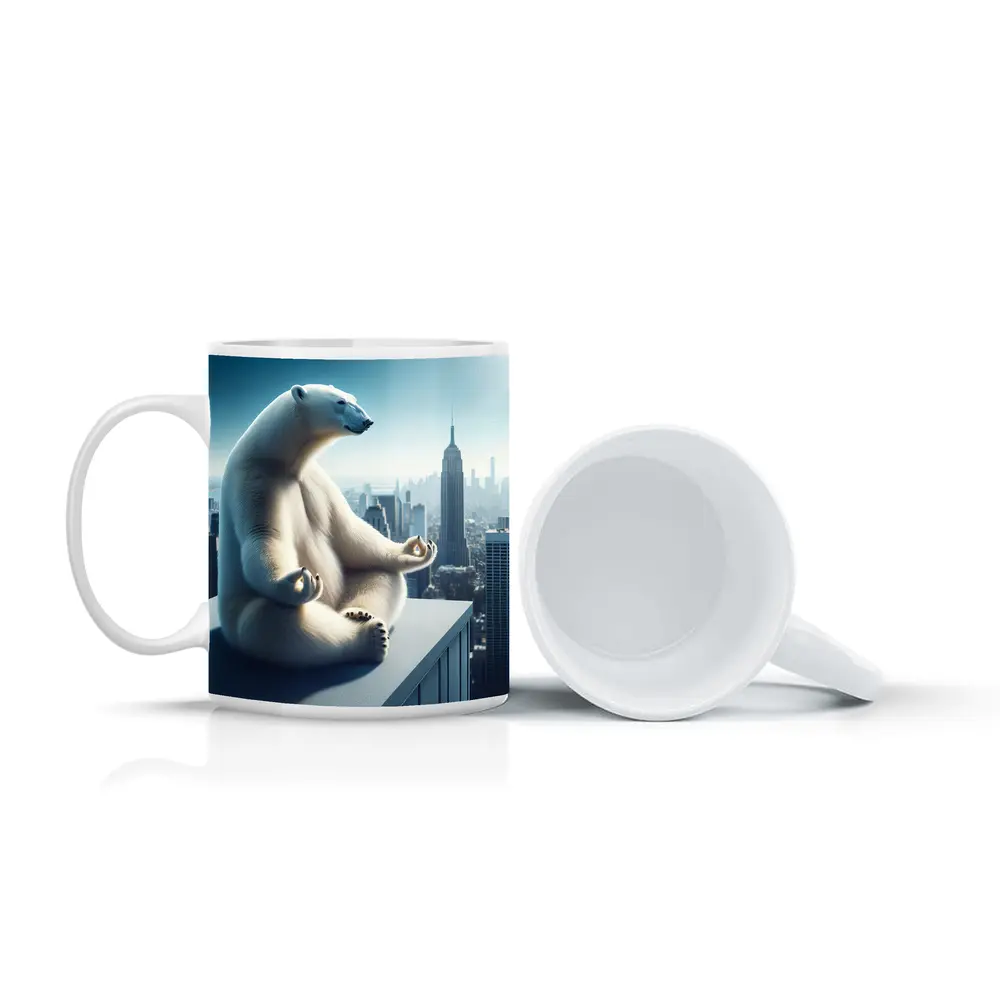 Polar Bear Meditating Over City Skyline – Mugs