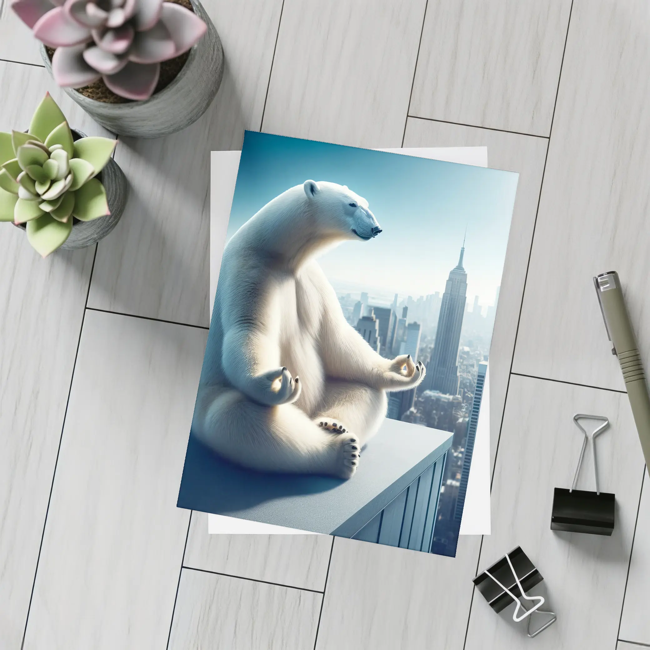 Polar Bear Meditating Over City Skyline – Postcards