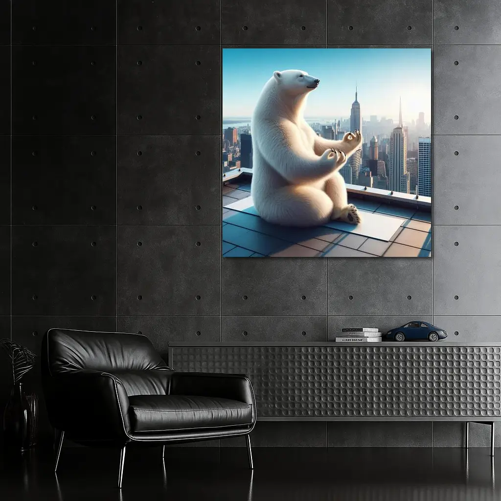 Polar Bear Meditating On City Rooftop – Wall Art