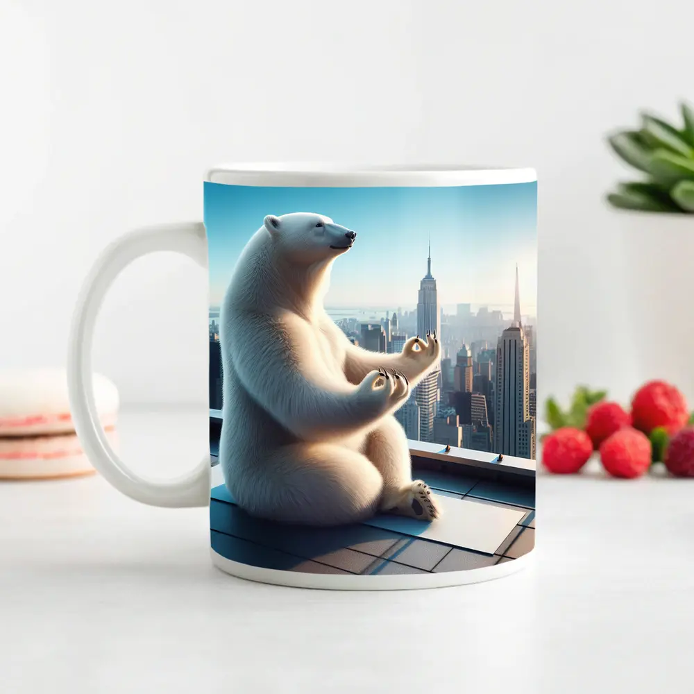 Polar Bear Meditating On City Rooftop – Mugs