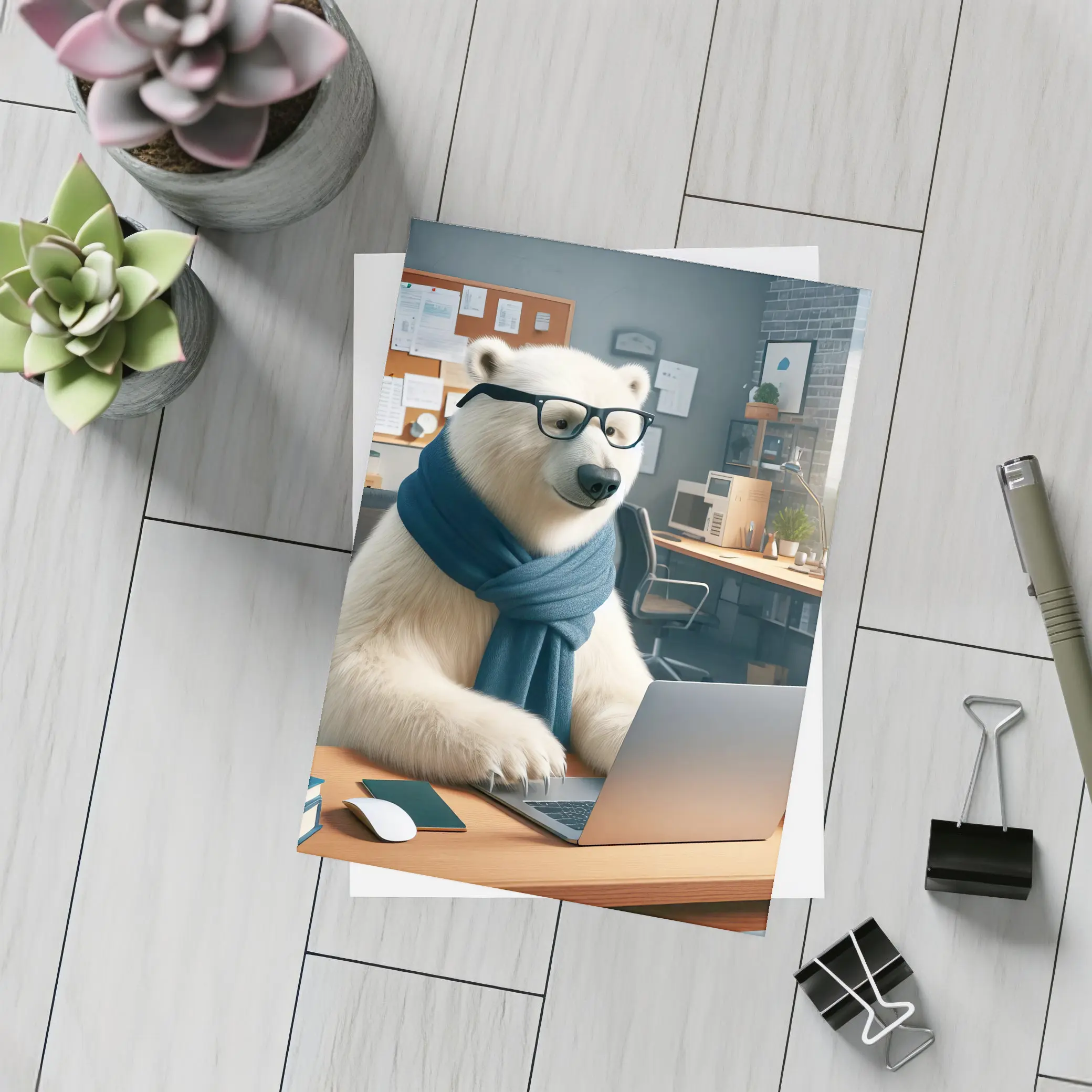 Polar Bear With Glasses Working Office – Postcards
