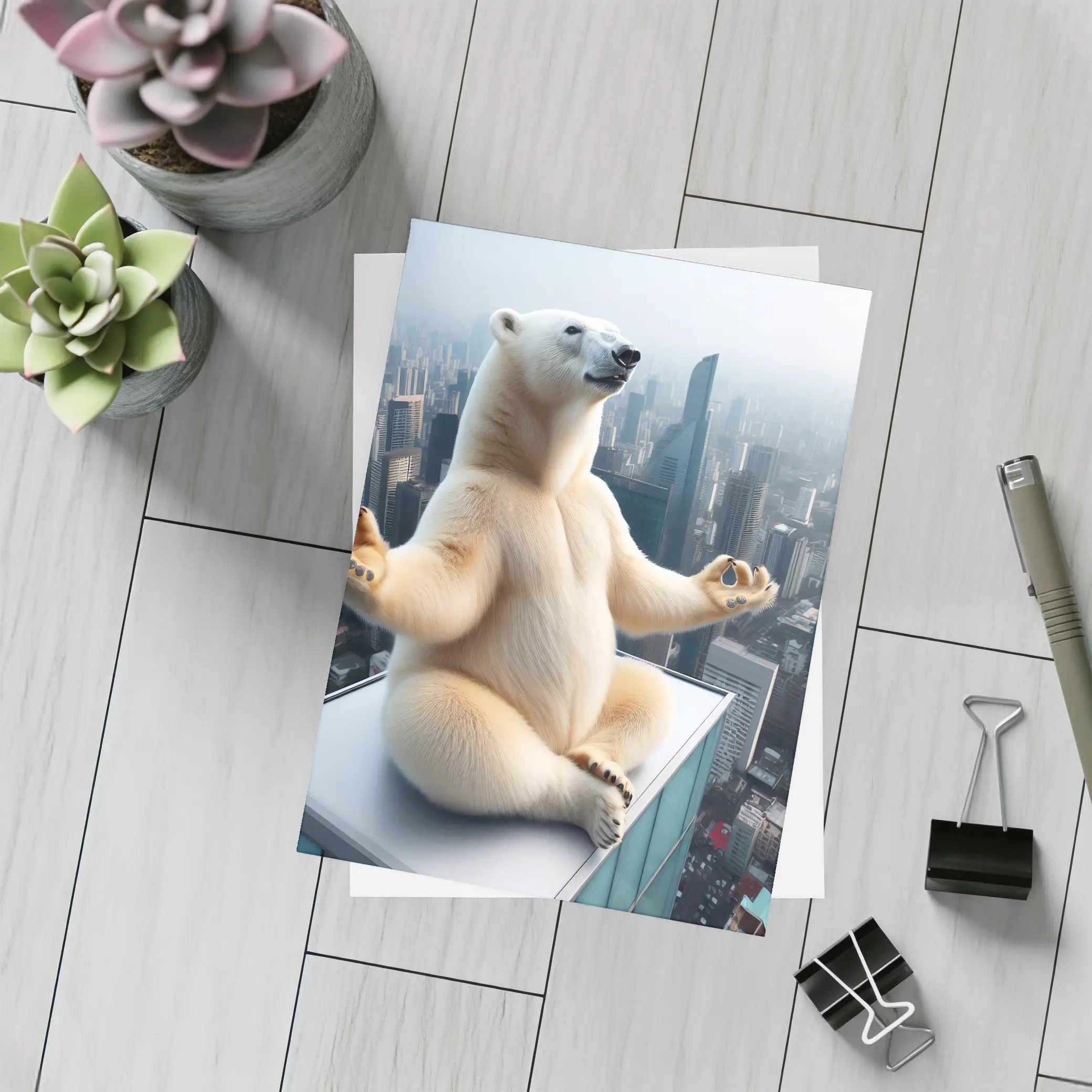 Polar Bear Meditating Yoga City Skyline – Postcards