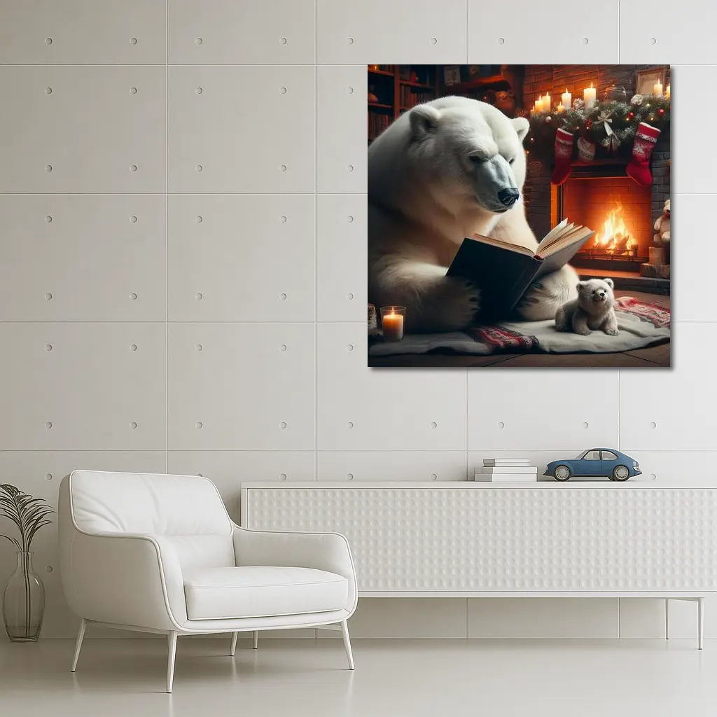 Polar Bear Reading Book Christmas Fireplace – Wall Art