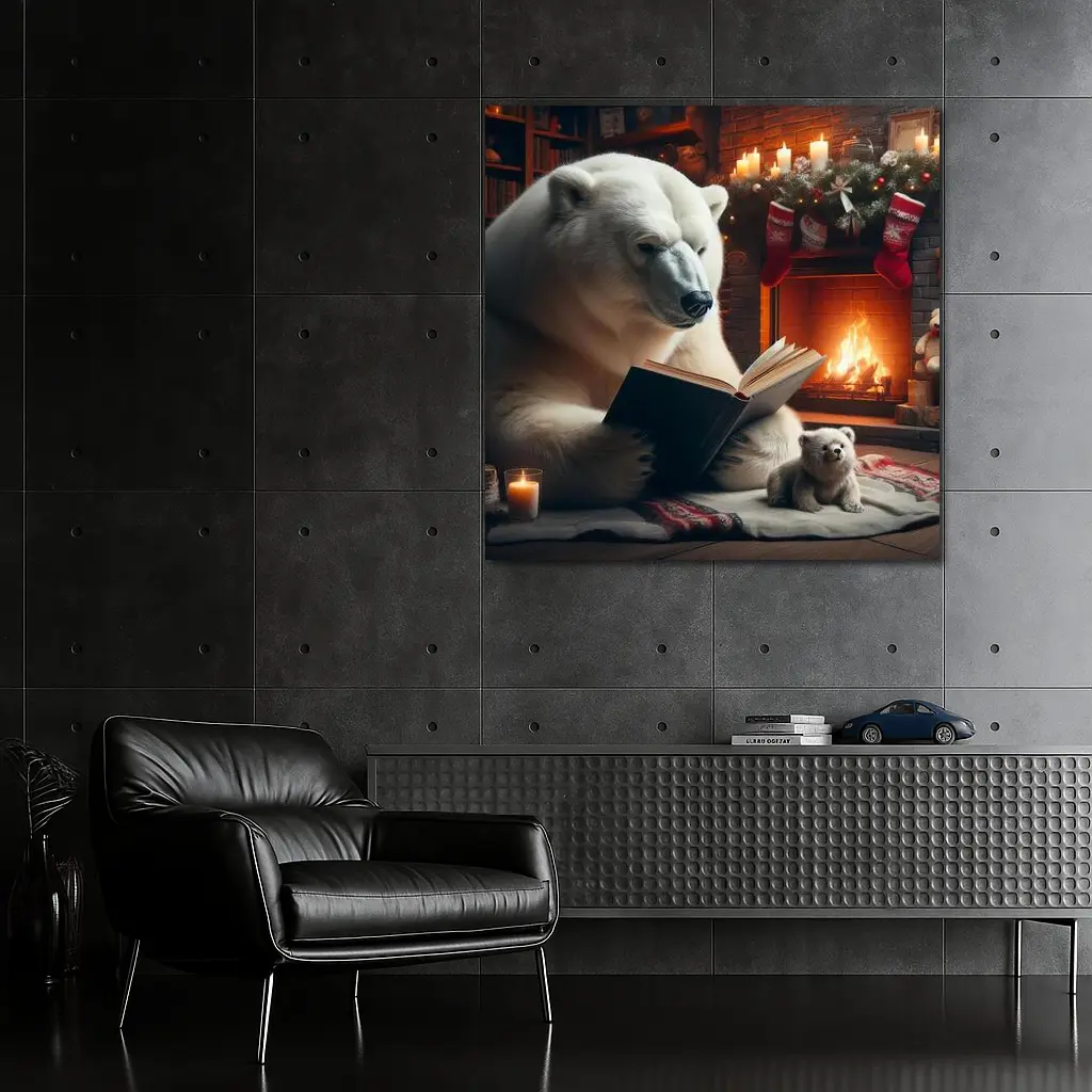 Polar Bear Reading Book Christmas Fireplace – Wall Art