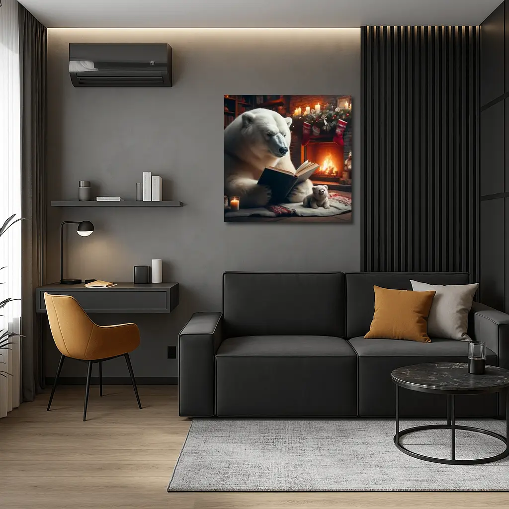 Polar Bear Reading Book Christmas Fireplace – Wall Art