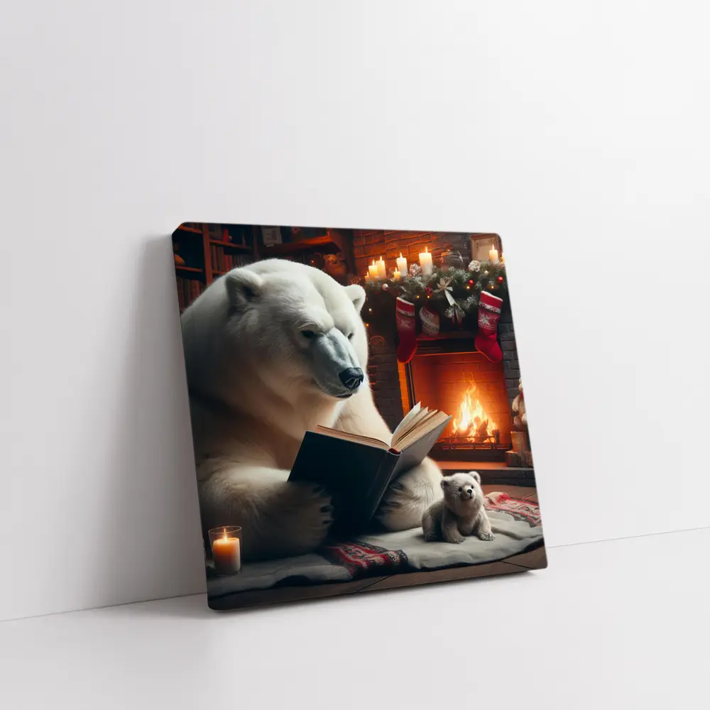 Polar Bear Reading Book Christmas Fireplace – Wall Art