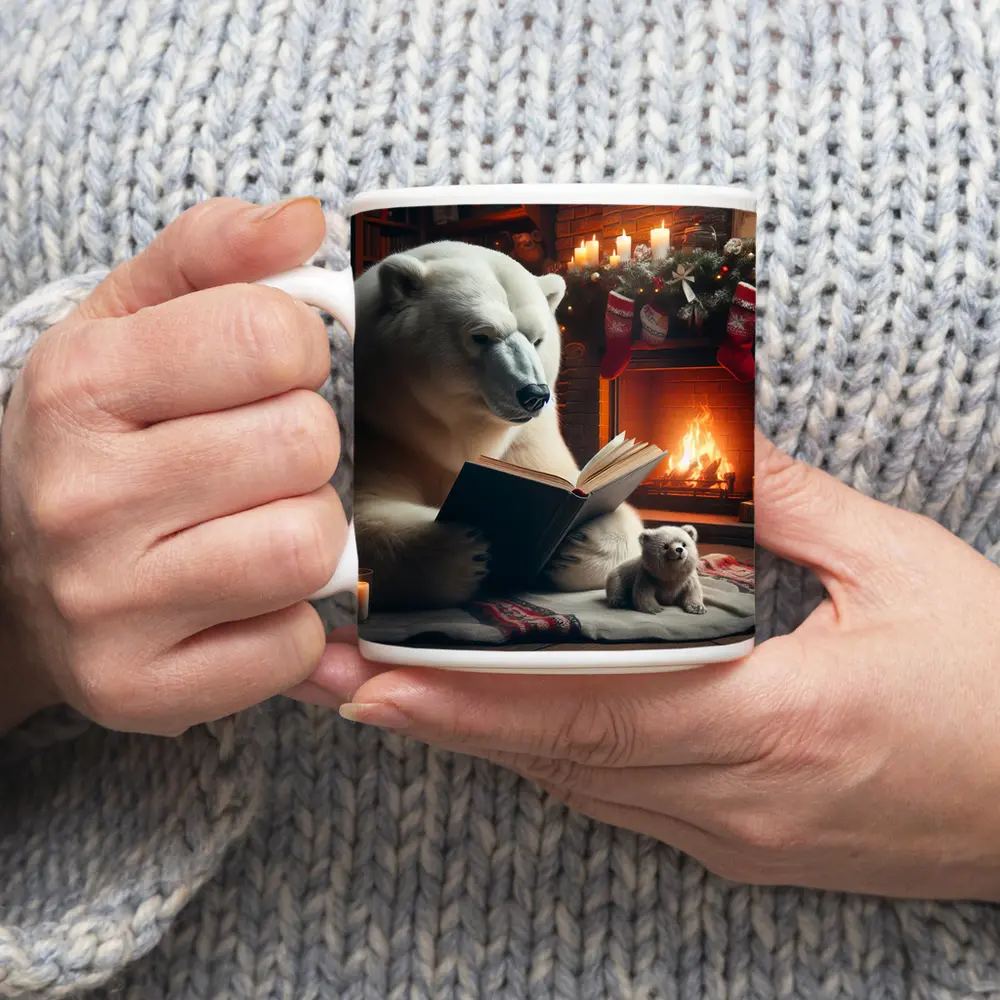 Polar Bear Reading Book Christmas Fireplace – Mugs