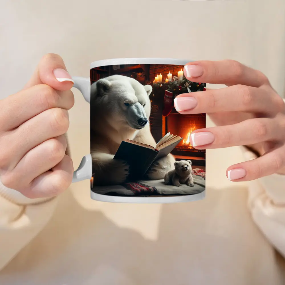 Polar Bear Reading Book Christmas Fireplace – Mugs