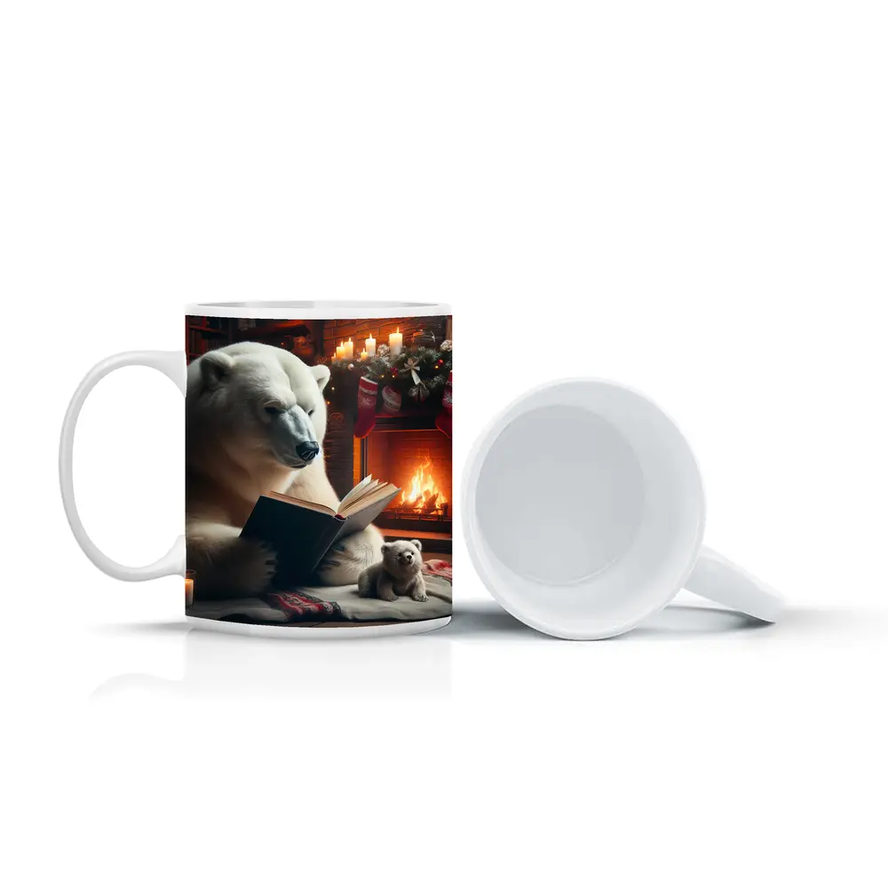 Polar Bear Reading Book Christmas Fireplace – Mugs