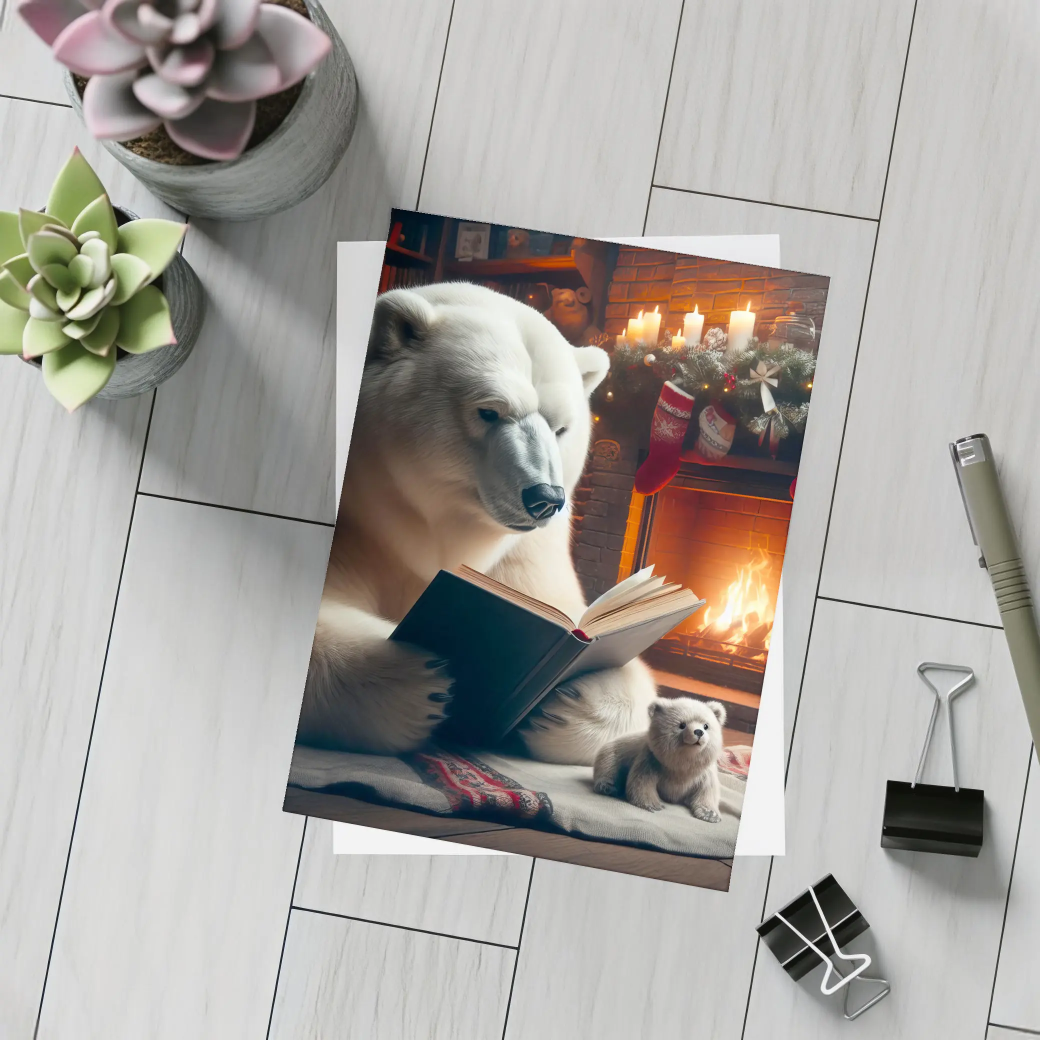 Polar Bear Reading Book Christmas Fireplace – Postcards