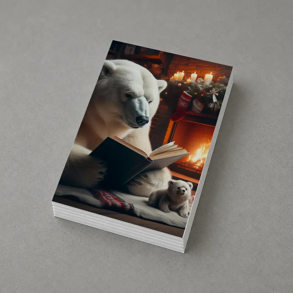 Polar Bear Reading Book Christmas Fireplace – Postcards