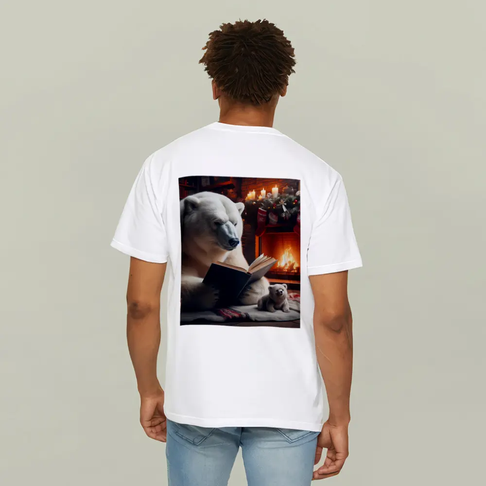 Polar Bear Reading Book Christmas Fireplace – T-Shirts