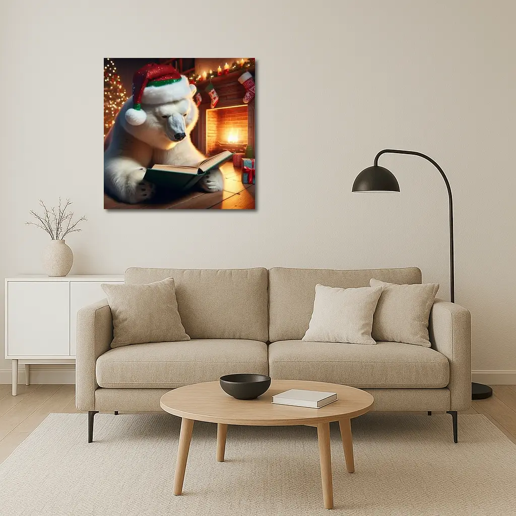 Polar Bear Reading Book Christmas Fireplace – Wall Art