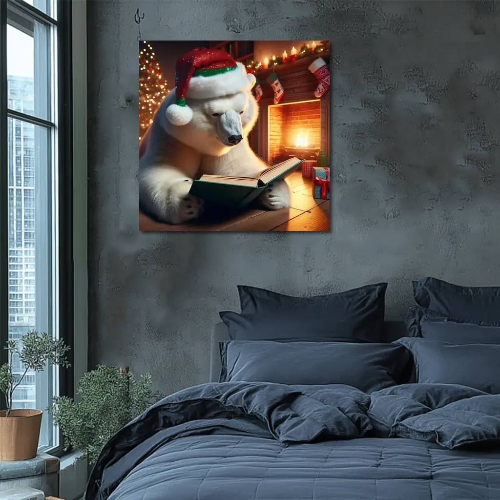 Polar Bear Reading Book Christmas Fireplace – Wall Art