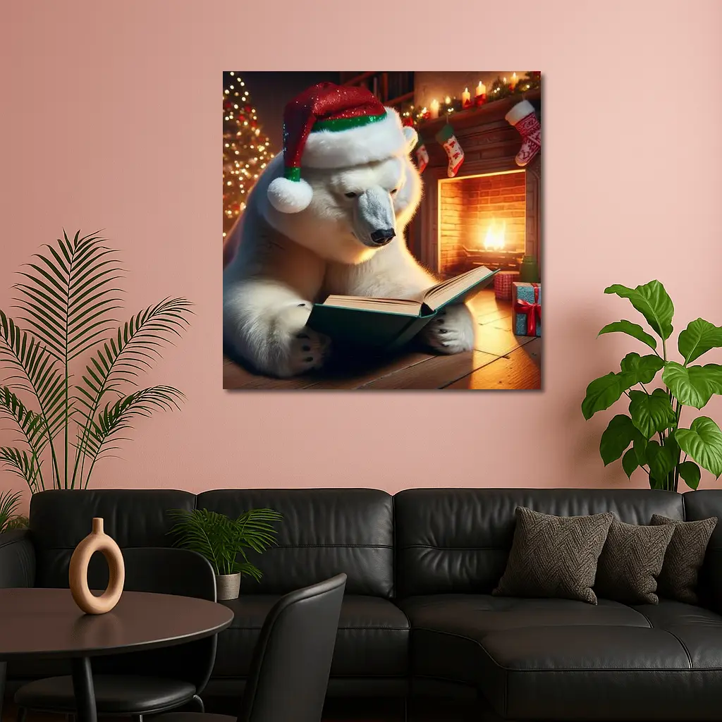 Polar Bear Reading Book Christmas Fireplace – Wall Art