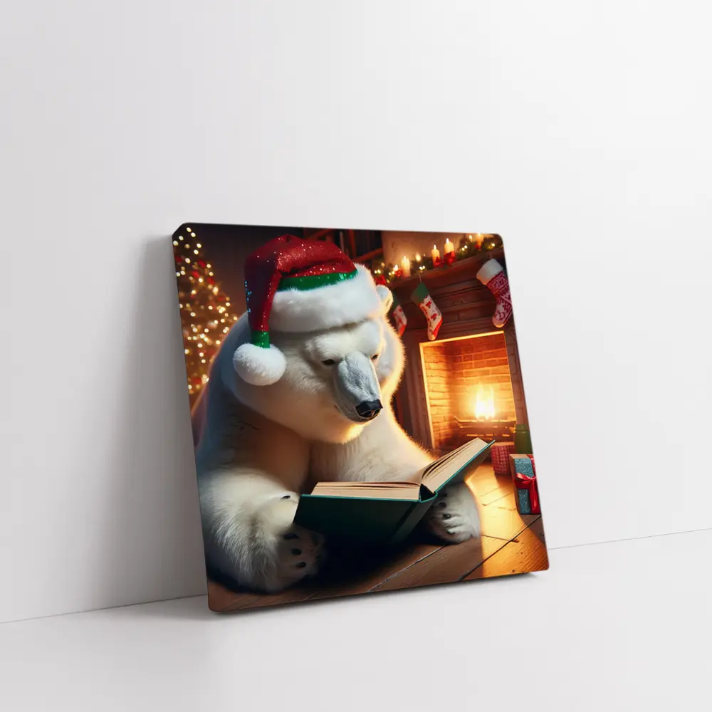 Polar Bear Reading Book Christmas Fireplace – Wall Art
