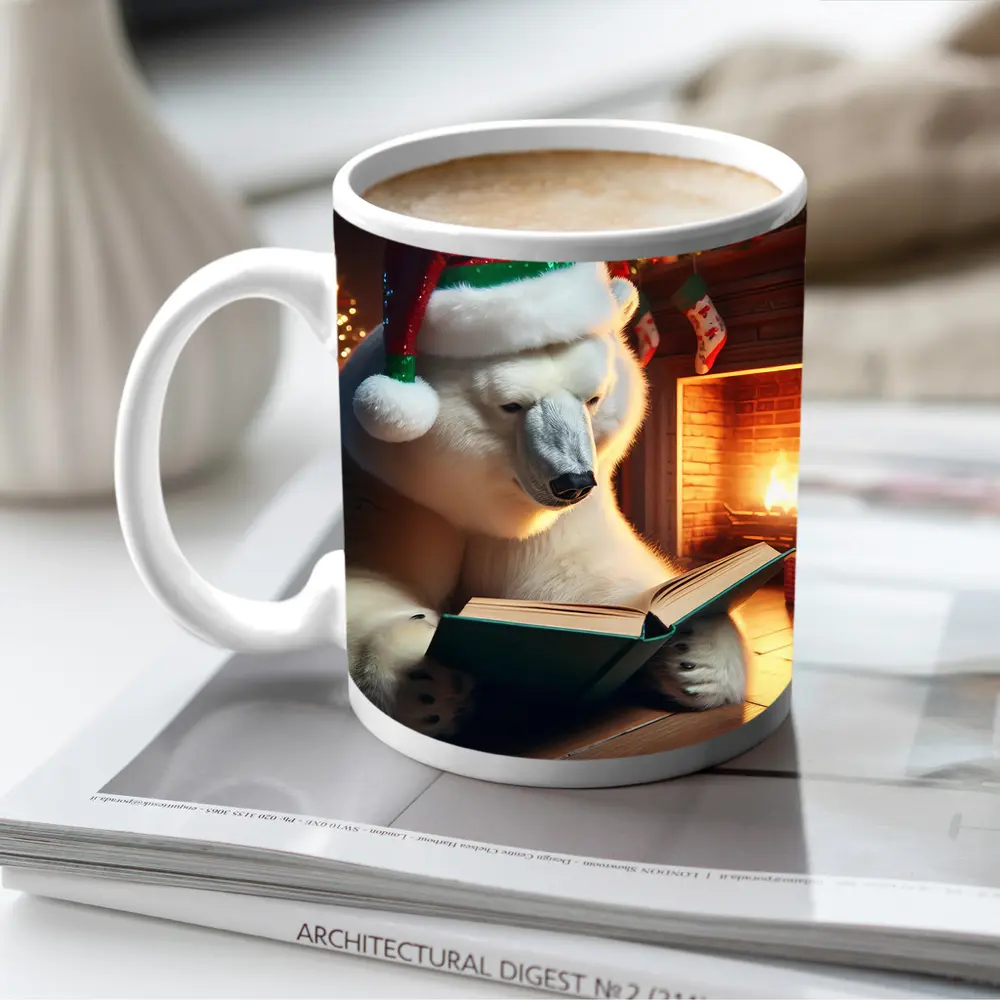 Polar Bear Reading Book Christmas Fireplace – Mugs