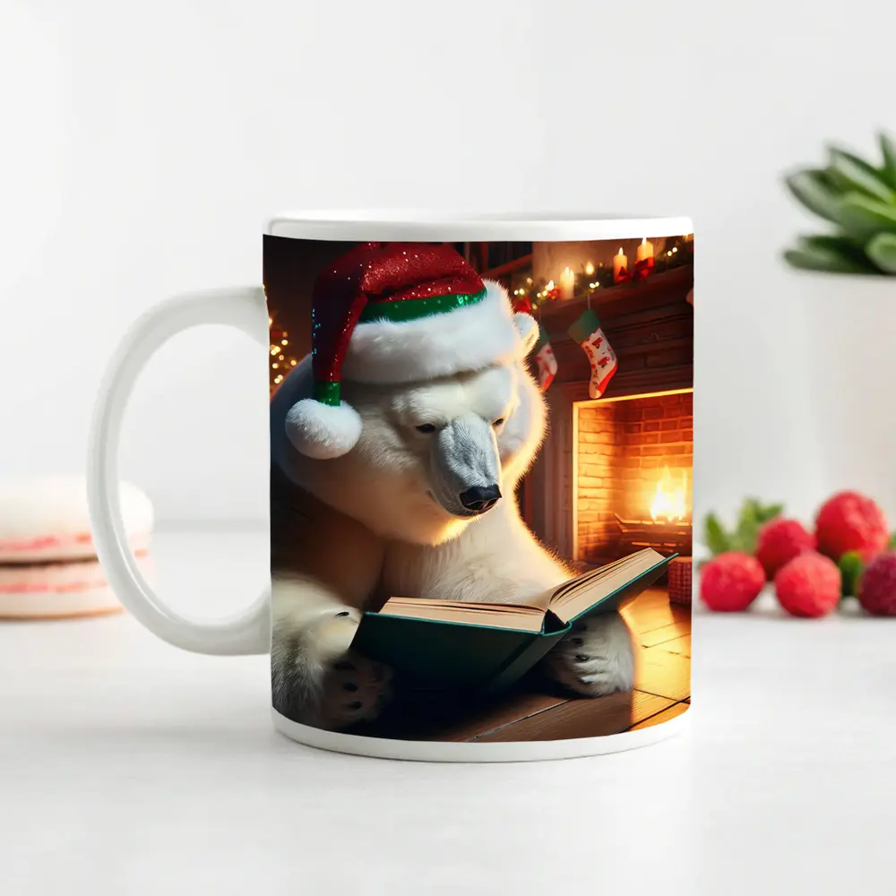 Polar Bear Reading Book Christmas Fireplace – Mugs
