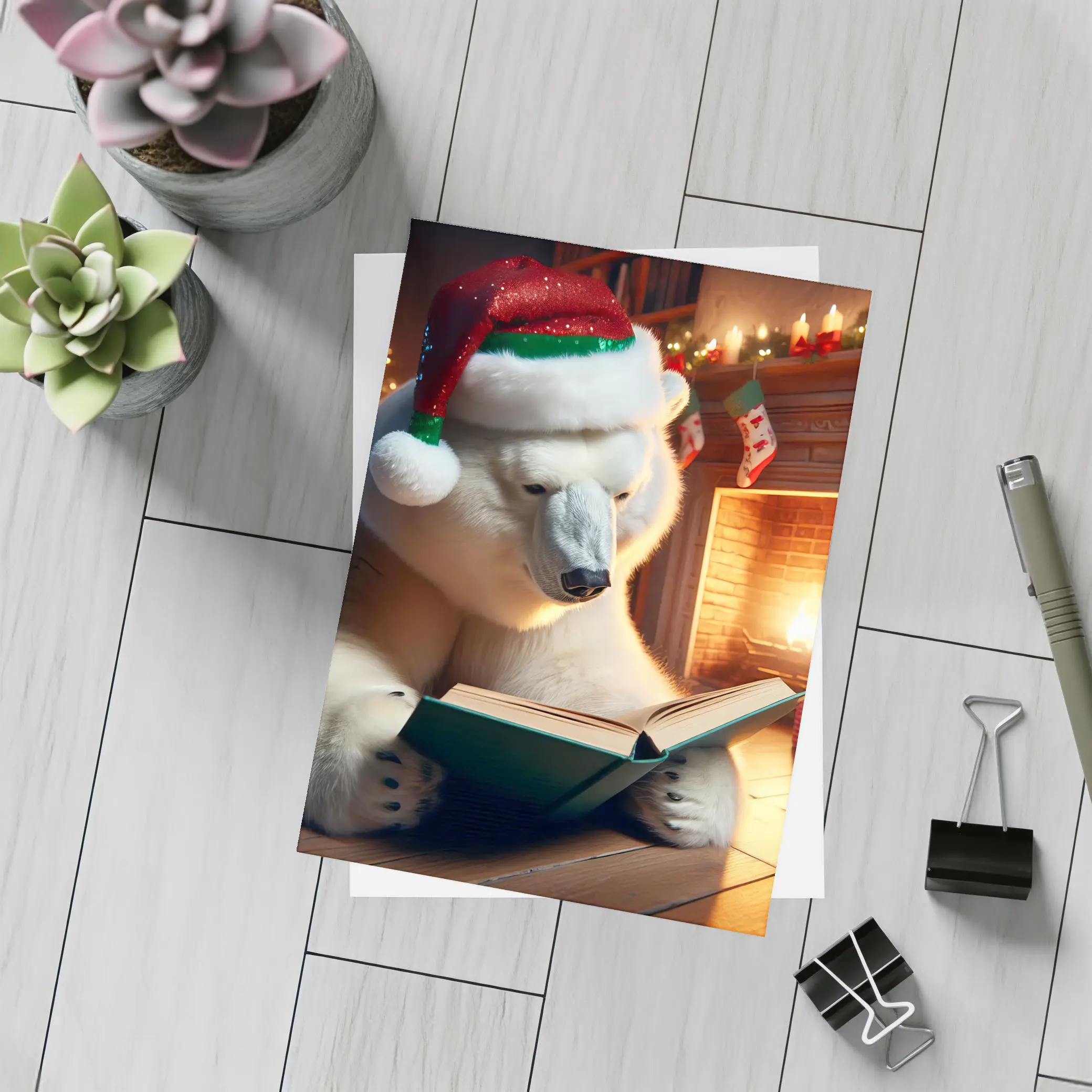 Polar Bear Reading Book Christmas Fireplace – Postcards