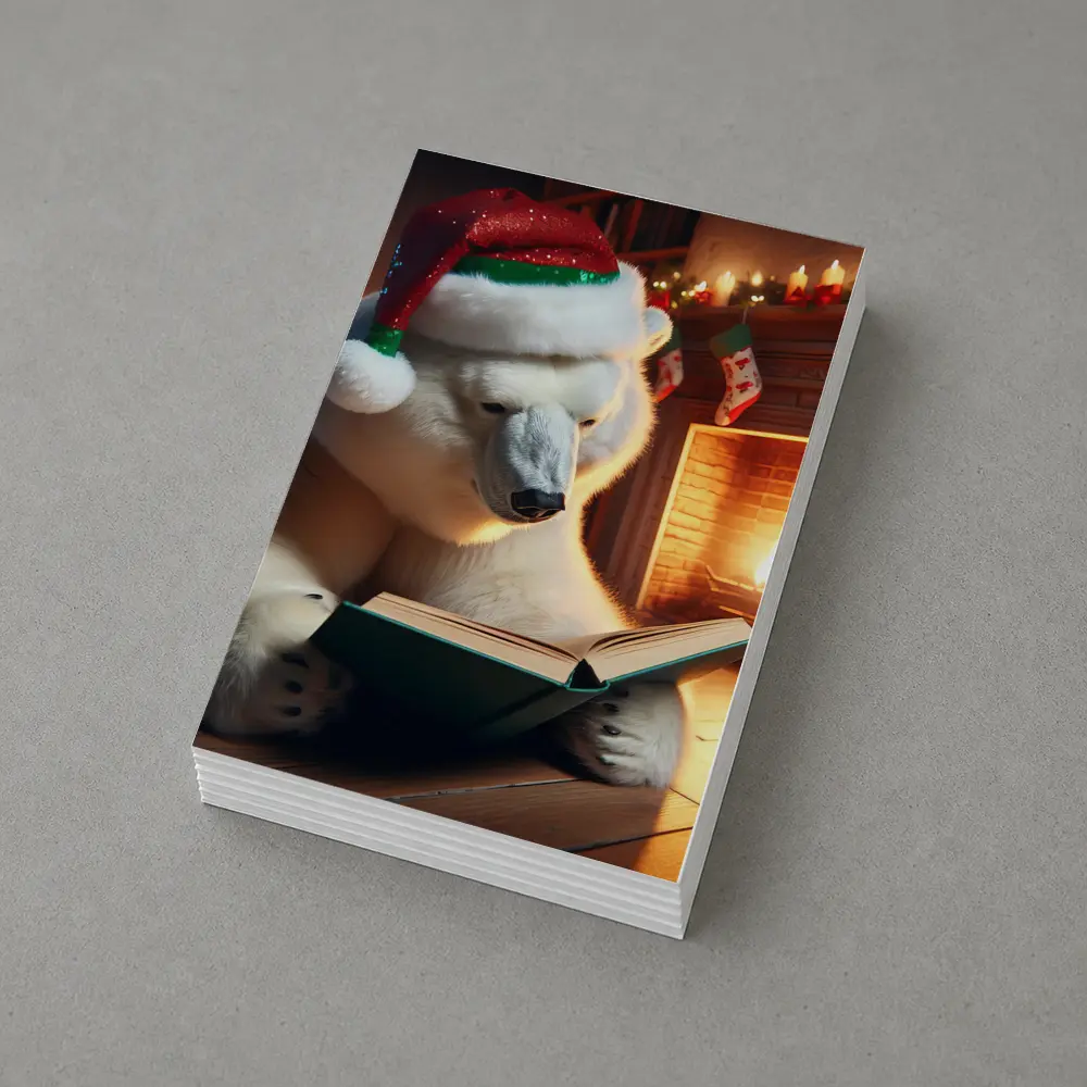 Polar Bear Reading Book Christmas Fireplace – Postcards