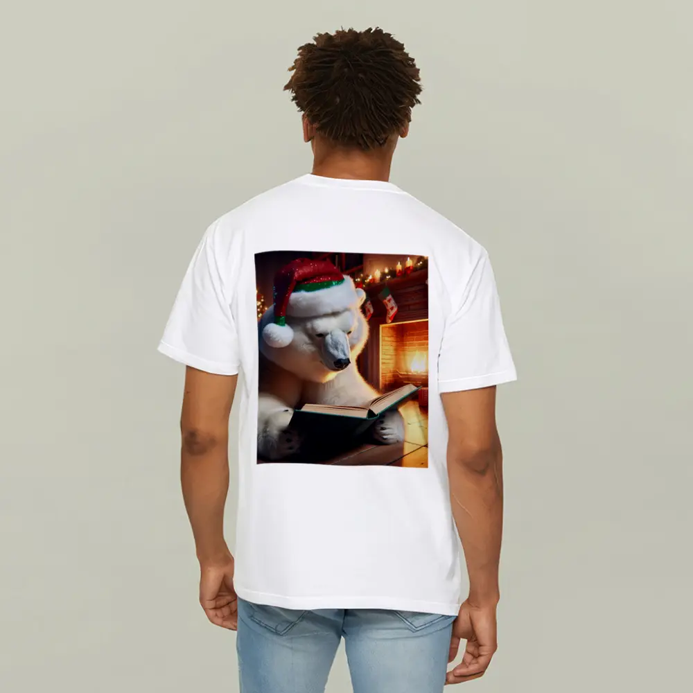 Polar Bear Reading Book Christmas Fireplace – T-Shirts