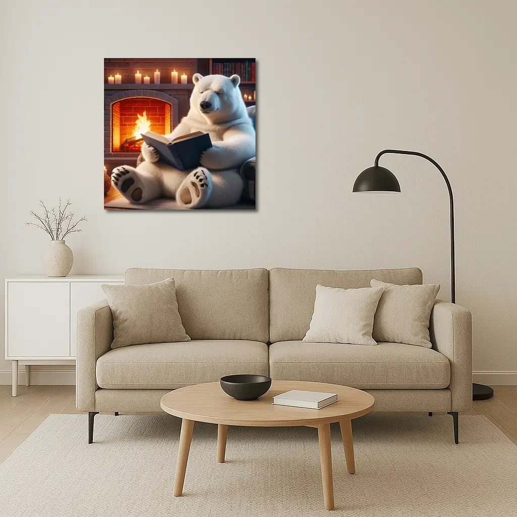 Polar Bear Reading Book By Fireplace – Wall Art