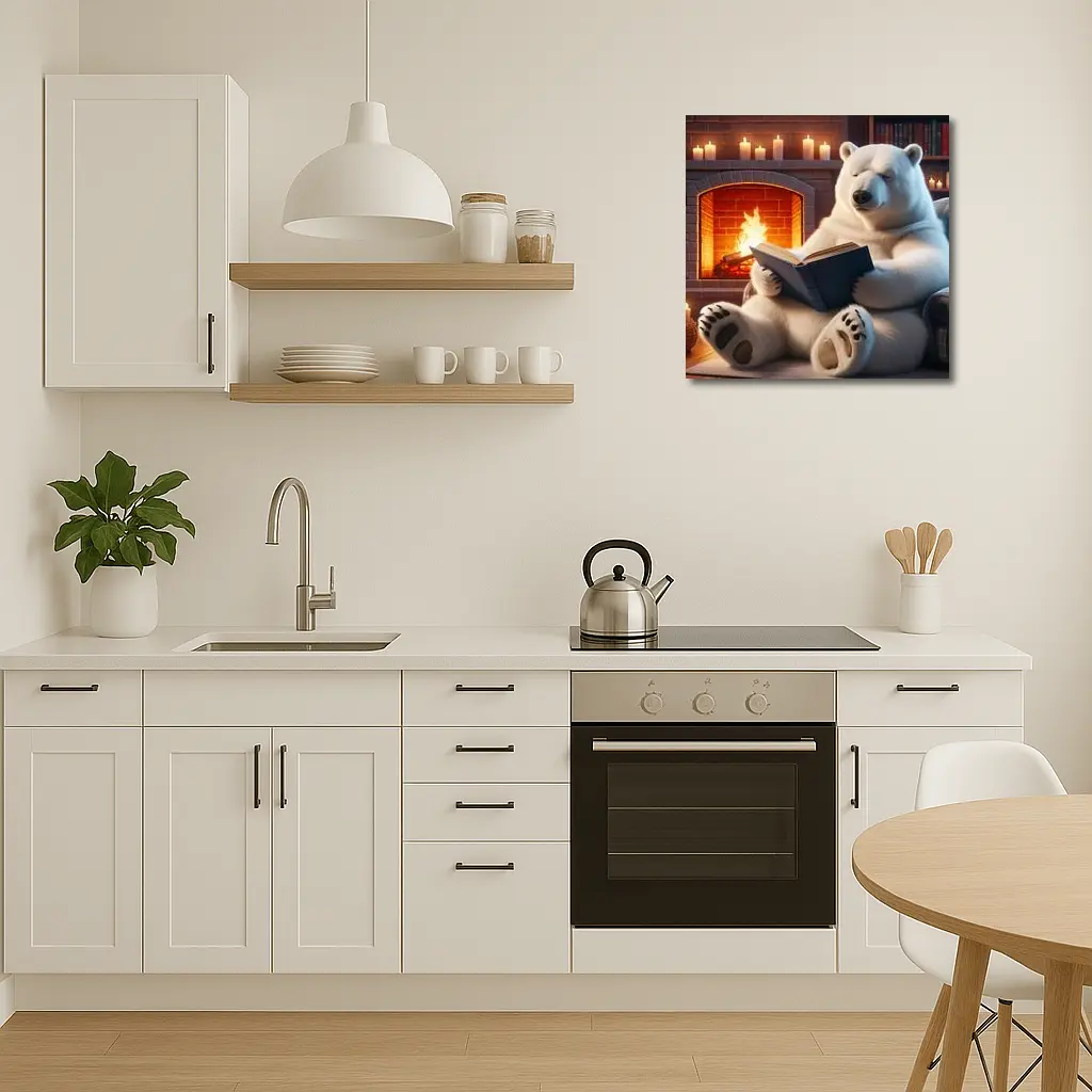 Polar Bear Reading Book By Fireplace – Wall Art
