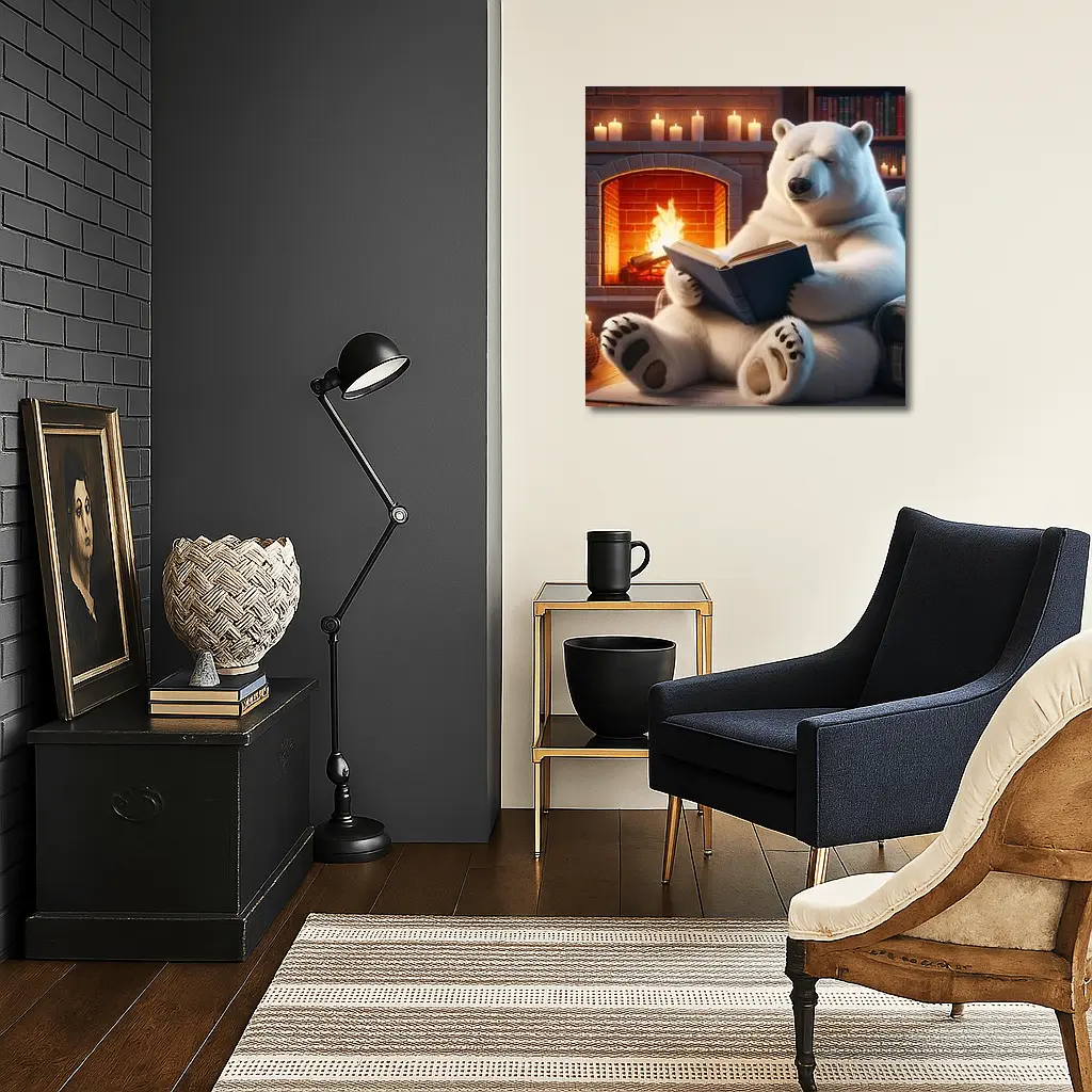 Polar Bear Reading Book By Fireplace – Wall Art