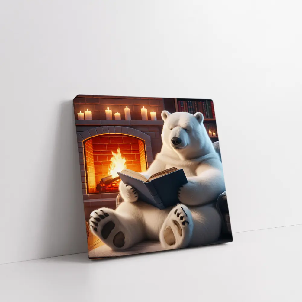 Polar Bear Reading Book By Fireplace – Wall Art
