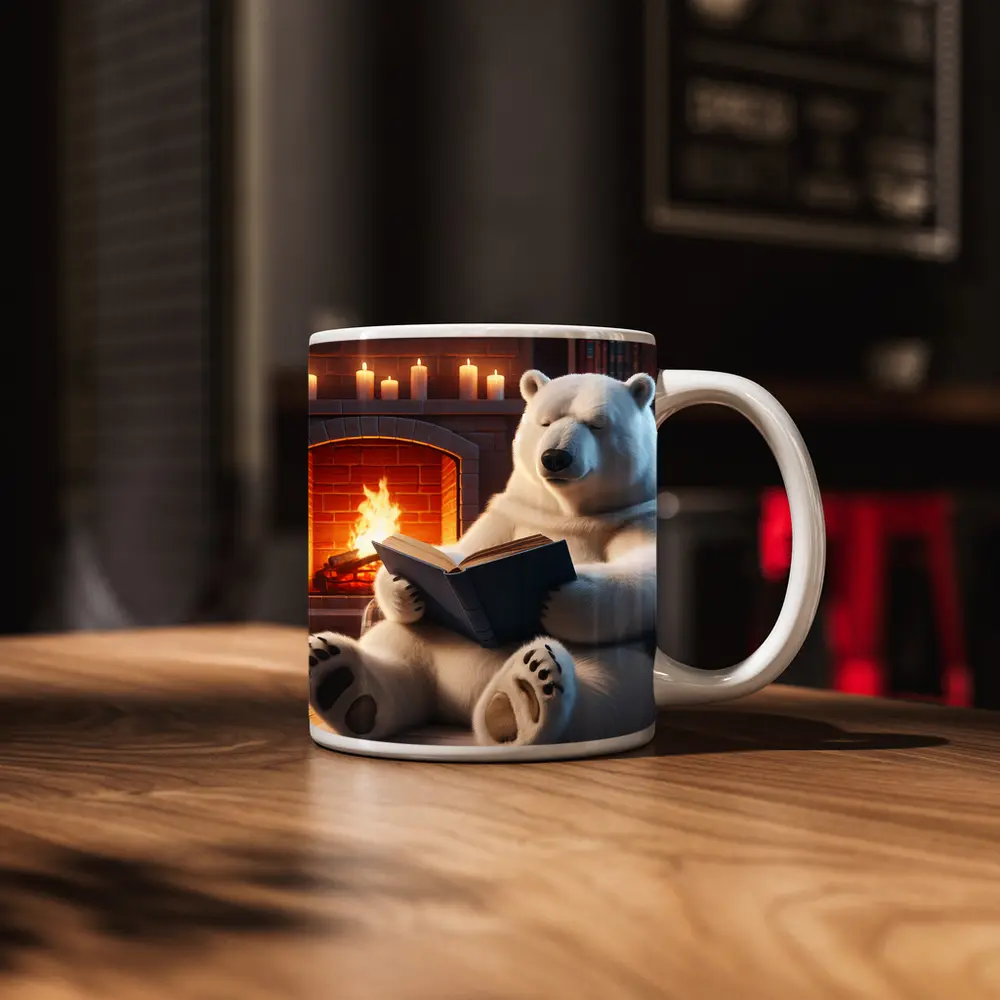 Polar Bear Reading Book By Fireplace – Mugs