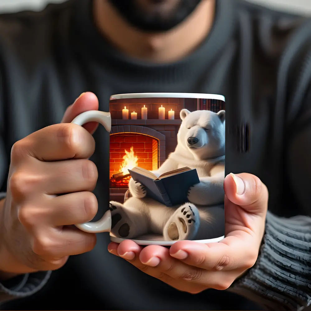 Polar Bear Reading Book By Fireplace – Mugs