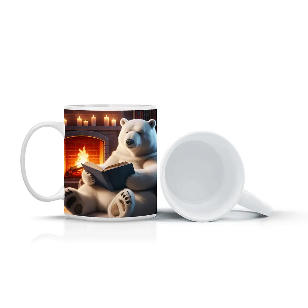 Polar Bear Reading Book By Fireplace – Mugs