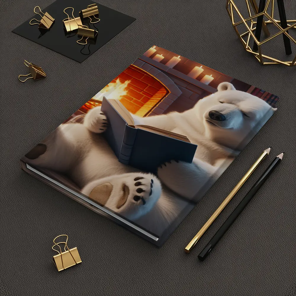 Polar Bear Reading Book By Fireplace – Notebooks