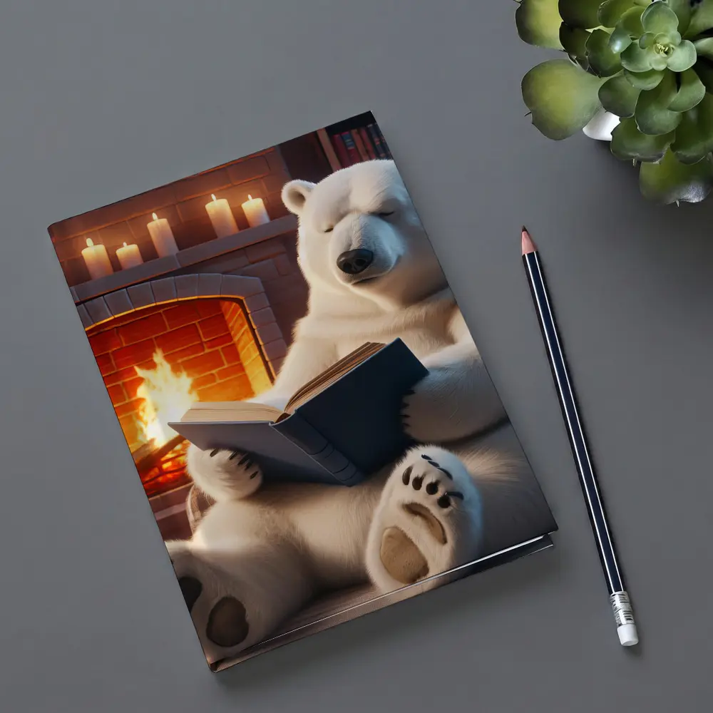 Polar Bear Reading Book By Fireplace – Notebooks