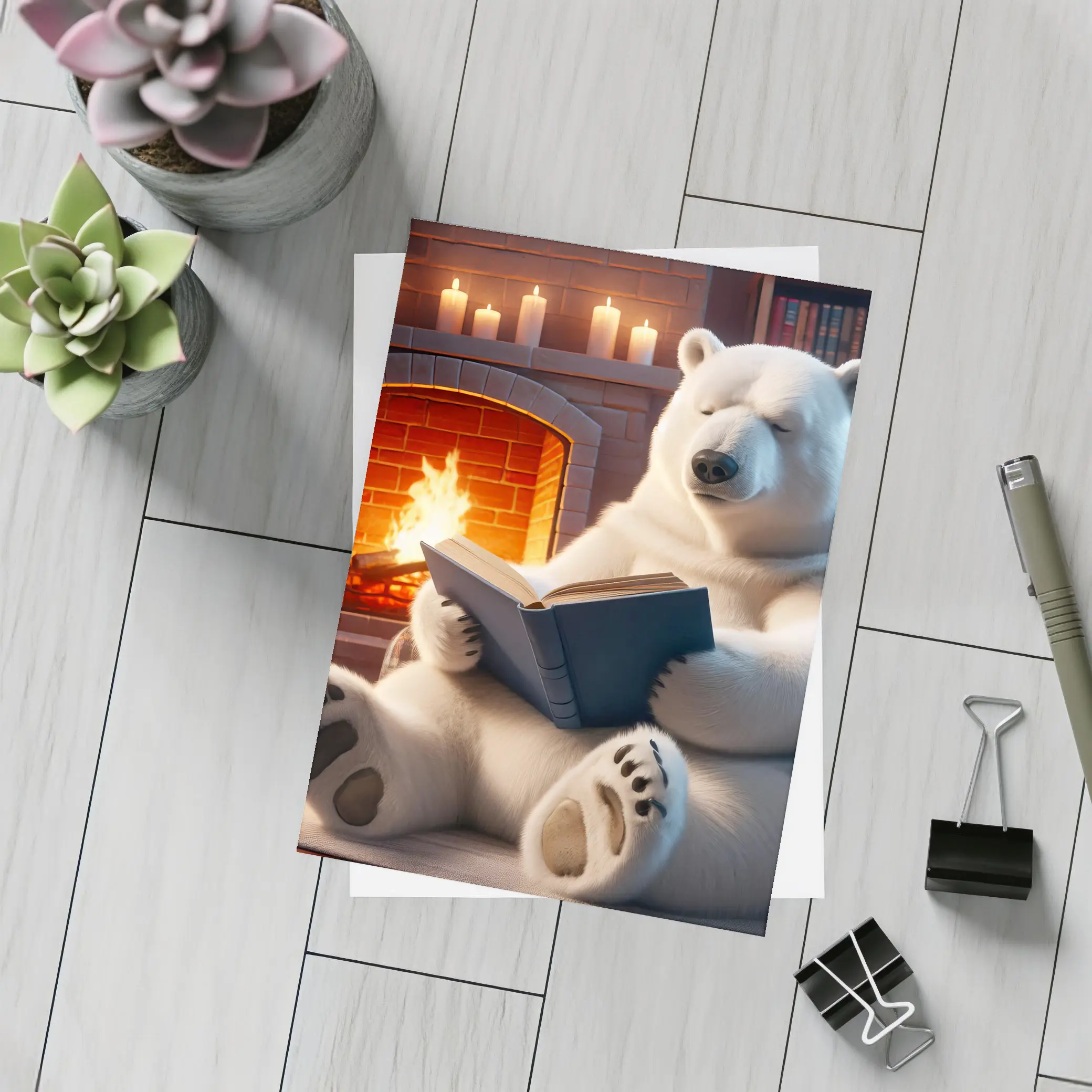 Polar Bear Reading Book By Fireplace – Postcards