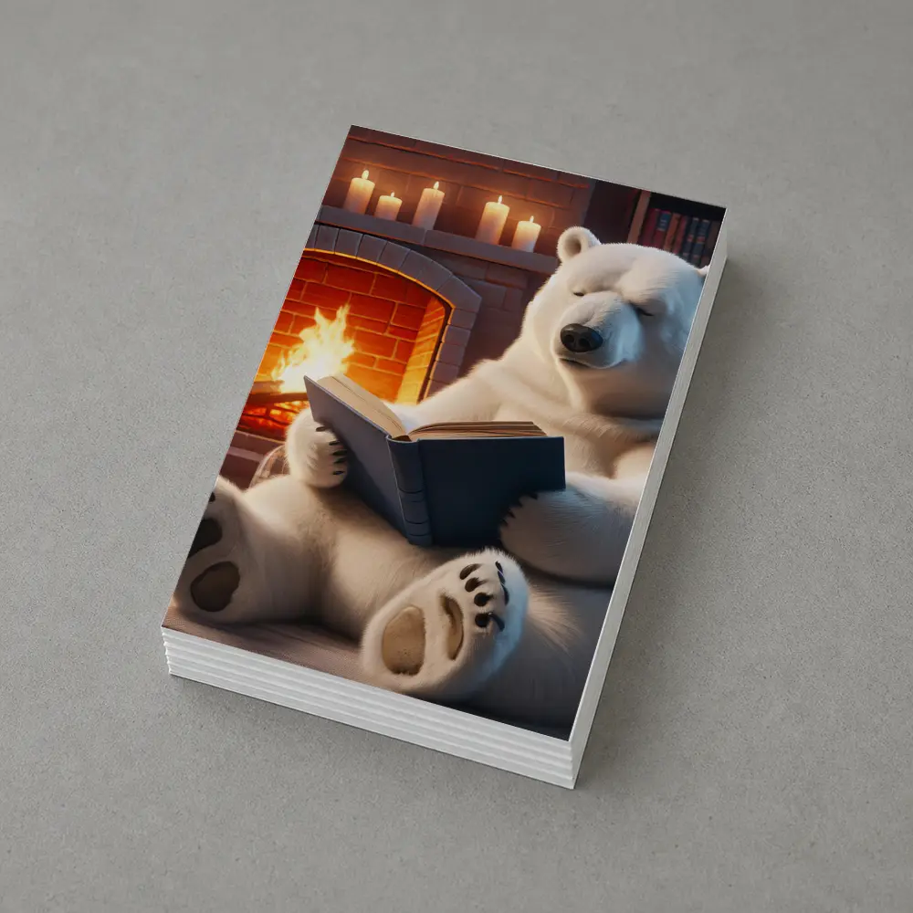 Polar Bear Reading Book By Fireplace – Postcards