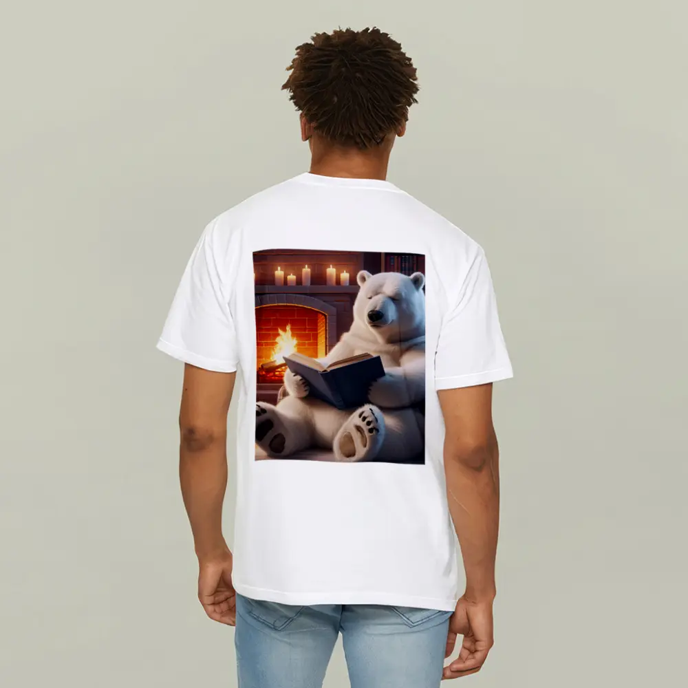 Polar Bear Reading Book By Fireplace – T-Shirts