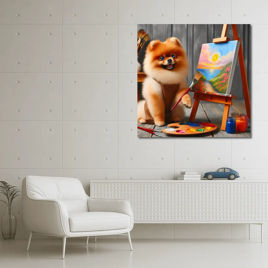Pomeranian Dog Artist Painting on Easel – Wall Art