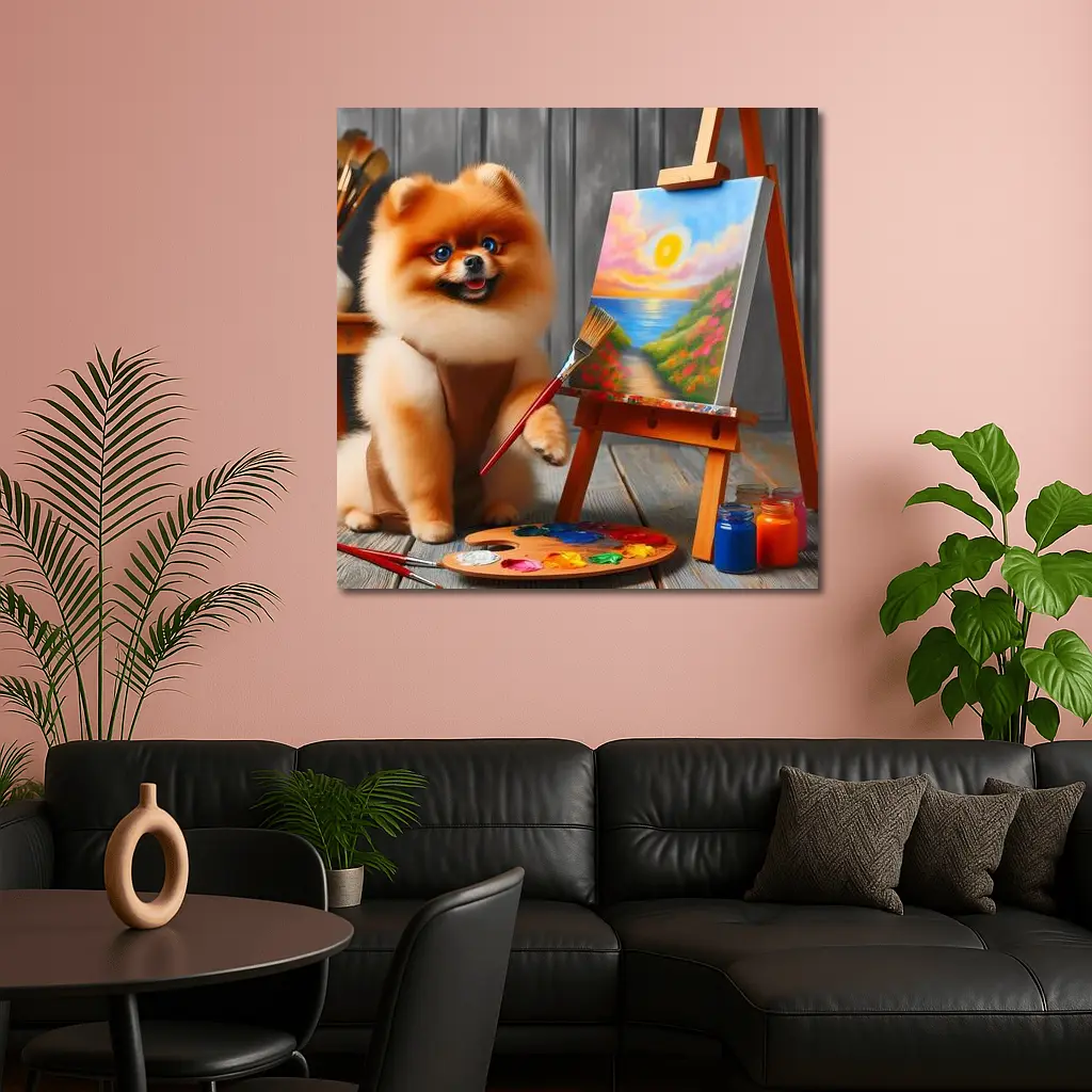 Pomeranian Dog Artist Painting on Easel – Wall Art